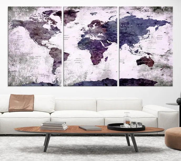 The World Map Grunge Canvas Print Wall Art, presented in five panels with a striking purple and white design, features museum-quality canvases with a gallery-wrapped finish. This treatment enhances their aesthetic appeal and ensures long-lasting durability.