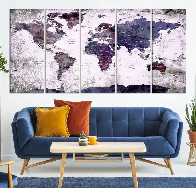 The World Map Grunge Canvas Print Wall Art, presented in five panels with a striking purple and white design, features museum-quality canvases with a gallery-wrapped finish. This treatment enhances their aesthetic appeal and ensures long-lasting durability.