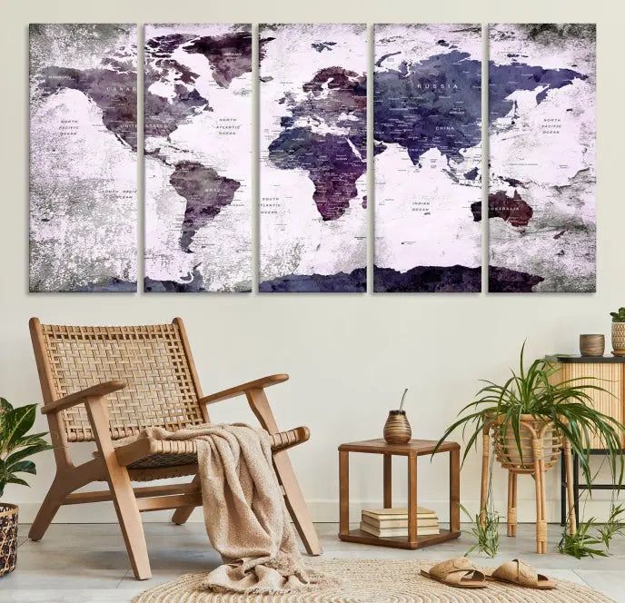 The World Map Grunge Canvas Print Wall Art, presented in five panels with a striking purple and white design, features museum-quality canvases with a gallery-wrapped finish. This treatment enhances their aesthetic appeal and ensures long-lasting durability.