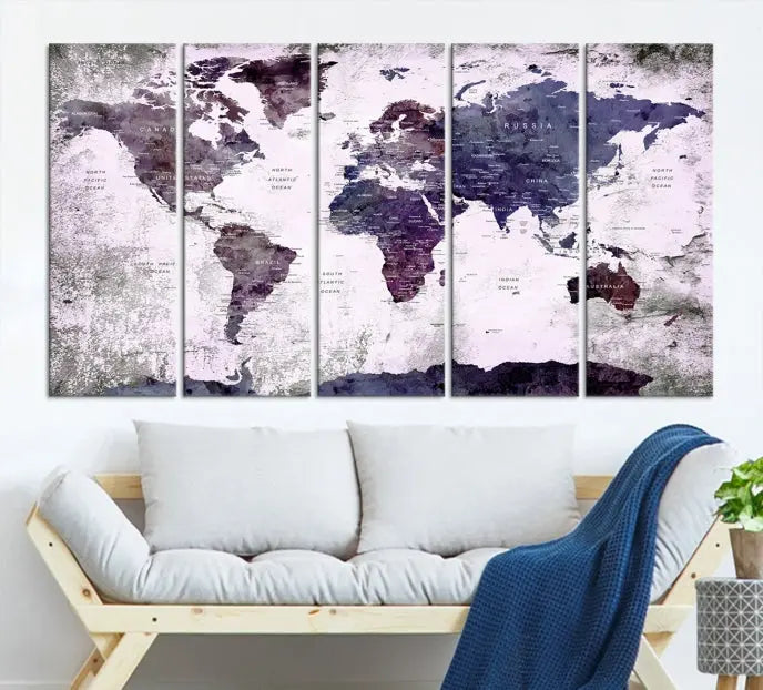 The World Map Grunge Canvas Print Wall Art, presented in five panels with a striking purple and white design, features museum-quality canvases with a gallery-wrapped finish. This treatment enhances their aesthetic appeal and ensures long-lasting durability.