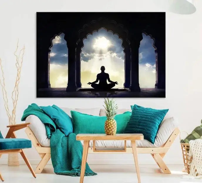 A triptych canvas print named "Women and Yoga Wall Art Canvas Print" beautifully captures a woman meditating in a temple against a backdrop of cloudy skies, showcasing graceful yoga poses. This serene artwork is displayed elegantly.