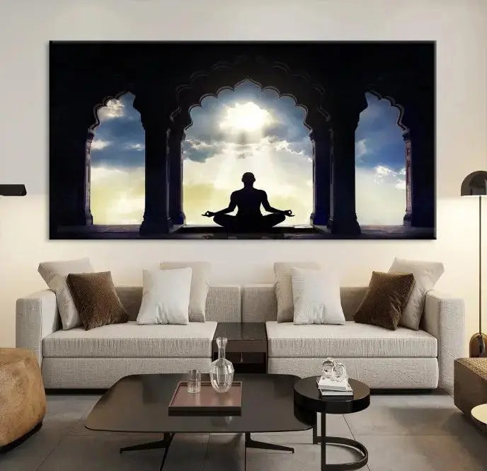 A triptych canvas print named "Women and Yoga Wall Art Canvas Print" beautifully captures a woman meditating in a temple against a backdrop of cloudy skies, showcasing graceful yoga poses. This serene artwork is displayed elegantly.