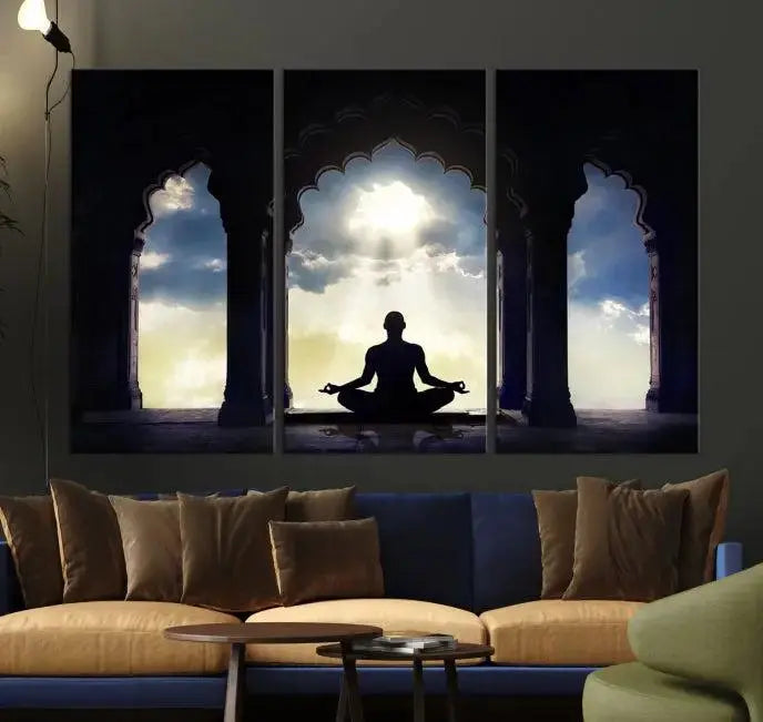 A triptych canvas print named "Women and Yoga Wall Art Canvas Print" beautifully captures a woman meditating in a temple against a backdrop of cloudy skies, showcasing graceful yoga poses. This serene artwork is displayed elegantly.