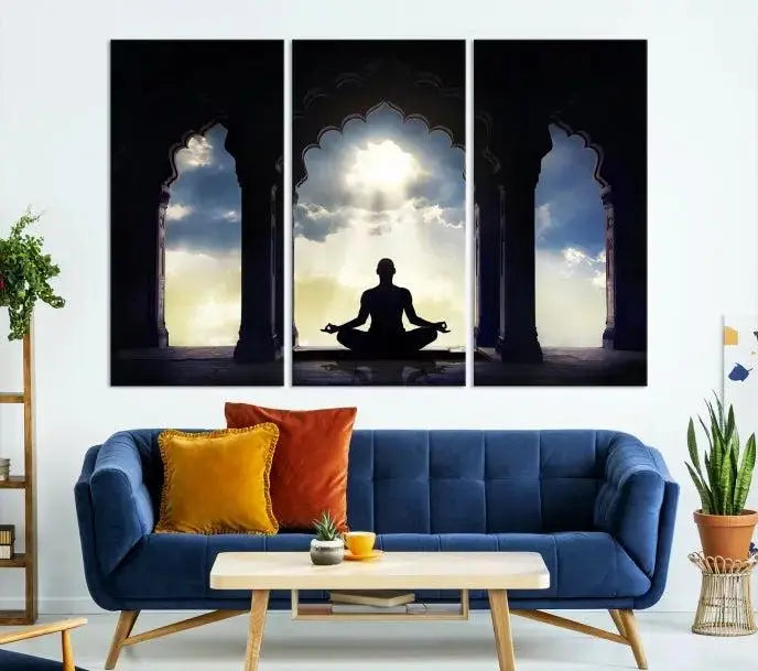 A triptych canvas print named "Women and Yoga Wall Art Canvas Print" beautifully captures a woman meditating in a temple against a backdrop of cloudy skies, showcasing graceful yoga poses. This serene artwork is displayed elegantly.