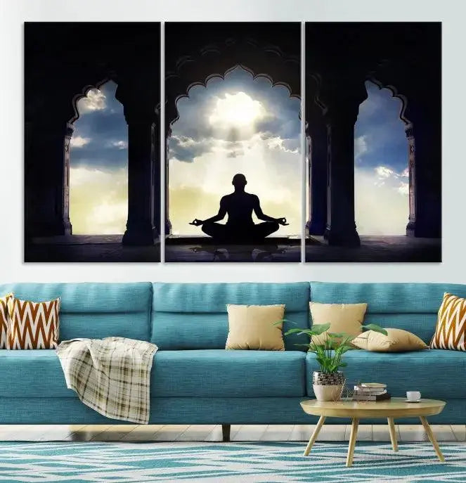 A triptych canvas print named "Women and Yoga Wall Art Canvas Print" beautifully captures a woman meditating in a temple against a backdrop of cloudy skies, showcasing graceful yoga poses. This serene artwork is displayed elegantly.