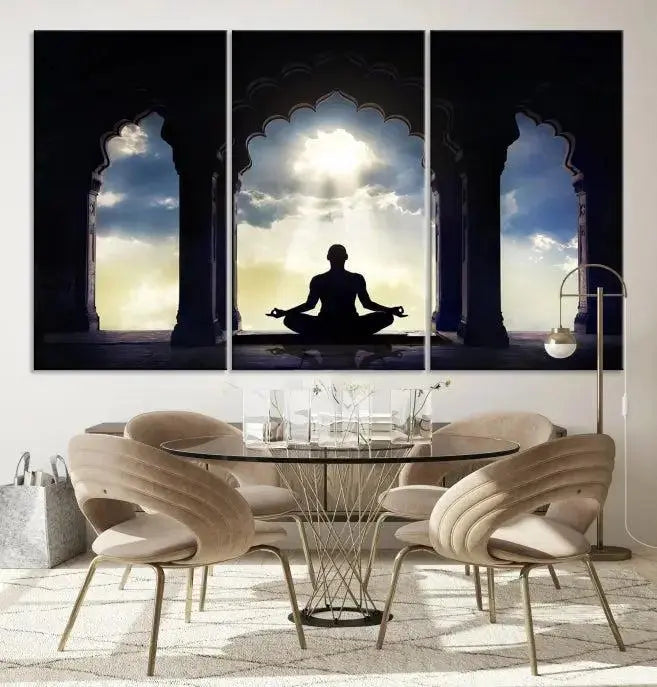 A triptych canvas print named "Women and Yoga Wall Art Canvas Print" beautifully captures a woman meditating in a temple against a backdrop of cloudy skies, showcasing graceful yoga poses. This serene artwork is displayed elegantly.