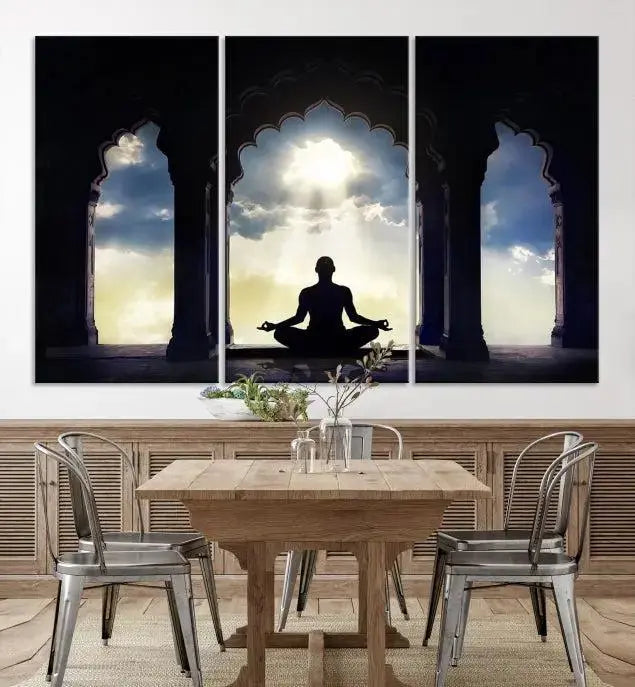 A triptych canvas print named "Women and Yoga Wall Art Canvas Print" beautifully captures a woman meditating in a temple against a backdrop of cloudy skies, showcasing graceful yoga poses. This serene artwork is displayed elegantly.