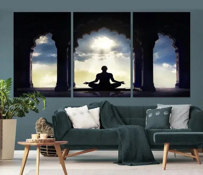 A triptych canvas print named "Women and Yoga Wall Art Canvas Print" beautifully captures a woman meditating in a temple against a backdrop of cloudy skies, showcasing graceful yoga poses. This serene artwork is displayed elegantly.