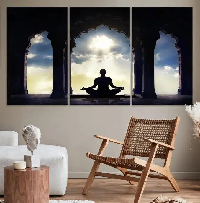 A triptych canvas print named "Women and Yoga Wall Art Canvas Print" beautifully captures a woman meditating in a temple against a backdrop of cloudy skies, showcasing graceful yoga poses. This serene artwork is displayed elegantly.