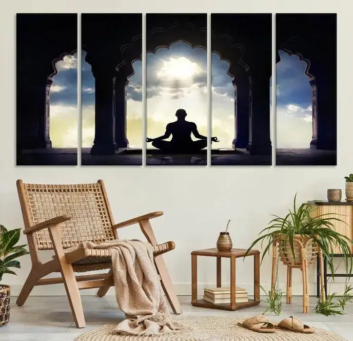 A triptych canvas print named "Women and Yoga Wall Art Canvas Print" beautifully captures a woman meditating in a temple against a backdrop of cloudy skies, showcasing graceful yoga poses. This serene artwork is displayed elegantly.