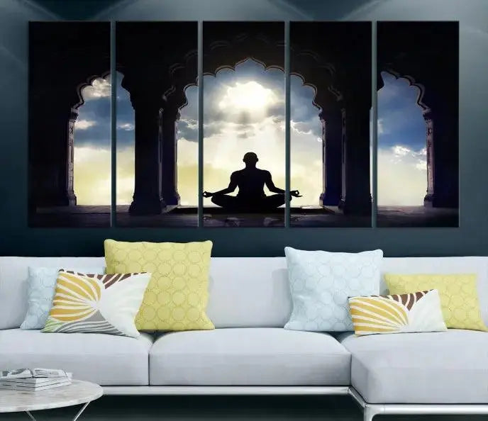 A triptych canvas print named "Women and Yoga Wall Art Canvas Print" beautifully captures a woman meditating in a temple against a backdrop of cloudy skies, showcasing graceful yoga poses. This serene artwork is displayed elegantly.