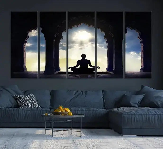 A triptych canvas print named "Women and Yoga Wall Art Canvas Print" beautifully captures a woman meditating in a temple against a backdrop of cloudy skies, showcasing graceful yoga poses. This serene artwork is displayed elegantly.