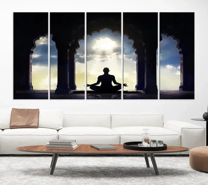 A triptych canvas print named "Women and Yoga Wall Art Canvas Print" beautifully captures a woman meditating in a temple against a backdrop of cloudy skies, showcasing graceful yoga poses. This serene artwork is displayed elegantly.