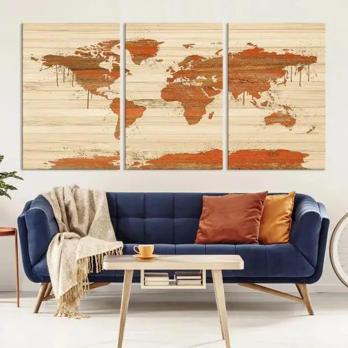 A Wood Background Style World Map Wall Art Canvas Print is characterized by earthy tones and a museum-quality finish with a UV-protective coating.