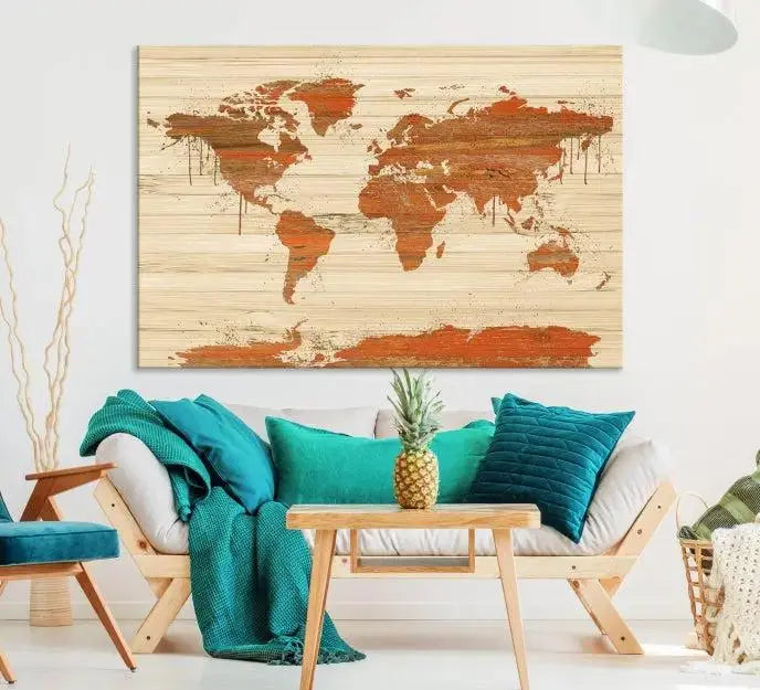 A Wood Background Style World Map Wall Art Canvas Print is characterized by earthy tones and a museum-quality finish with a UV-protective coating.