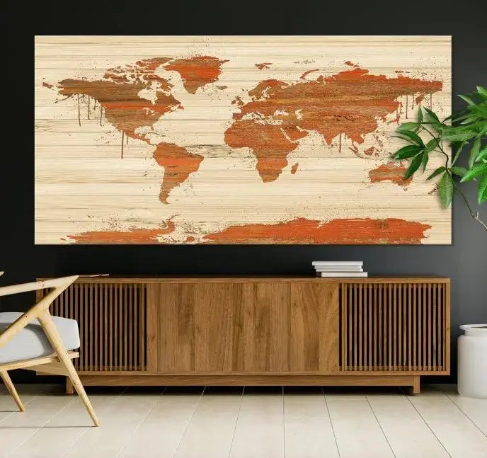 A Wood Background Style World Map Wall Art Canvas Print is characterized by earthy tones and a museum-quality finish with a UV-protective coating.