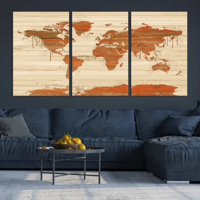 A Wood Background Style World Map Wall Art Canvas Print is characterized by earthy tones and a museum-quality finish with a UV-protective coating.