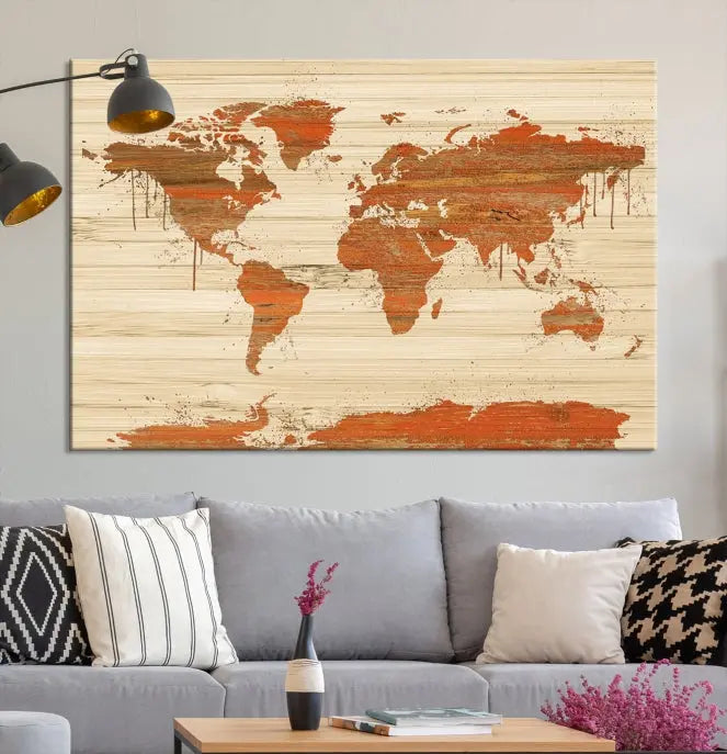 A Wood Background Style World Map Wall Art Canvas Print is characterized by earthy tones and a museum-quality finish with a UV-protective coating.