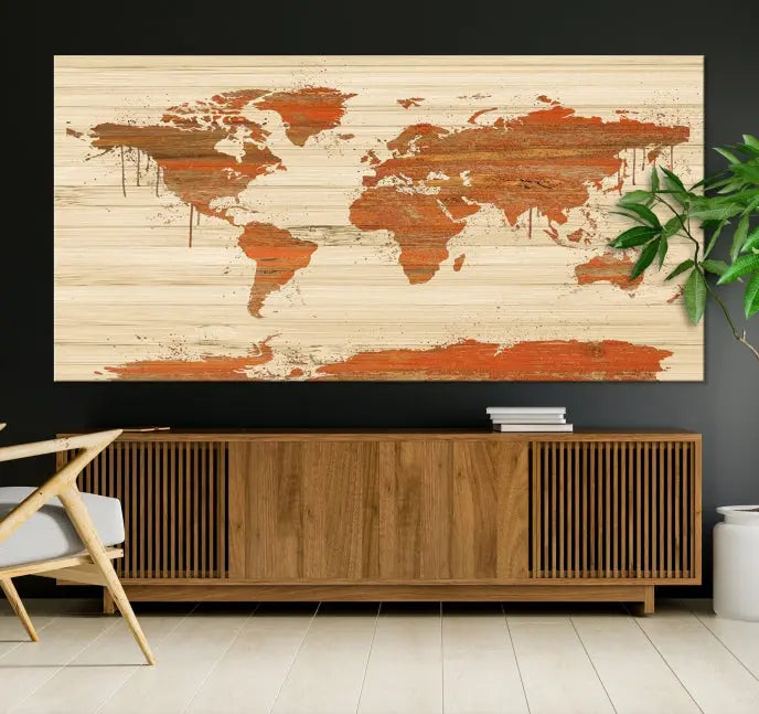 A Wood Background Style World Map Wall Art Canvas Print is characterized by earthy tones and a museum-quality finish with a UV-protective coating.