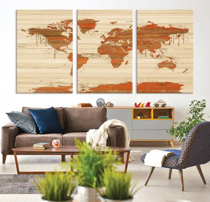 Wood Background Style World Map Wall Art Canvas Print 