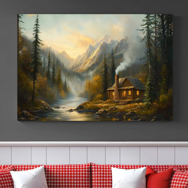 Experience the serene elegance of nature with our "Wood Cabin Retreat Mountain at Sunset Wall Art Print." This canvas art captures a tranquil forest and river landscape, embodying the rustic charm of a cabin nestled in nature. It's ideal for enhancing your living room with peaceful sophistication and harmony.