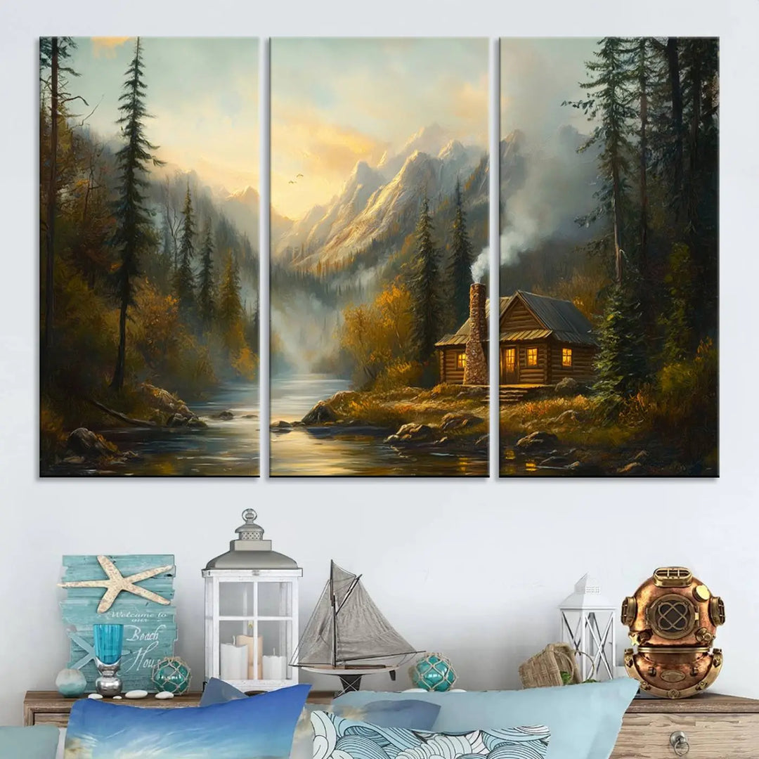 Experience the serene elegance of nature with our "Wood Cabin Retreat Mountain at Sunset Wall Art Print." This canvas art captures a tranquil forest and river landscape, embodying the rustic charm of a cabin nestled in nature. It's ideal for enhancing your living room with peaceful sophistication and harmony.