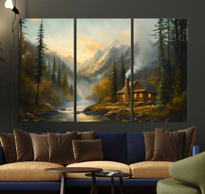 Experience the serene elegance of nature with our "Wood Cabin Retreat Mountain at Sunset Wall Art Print." This canvas art captures a tranquil forest and river landscape, embodying the rustic charm of a cabin nestled in nature. It's ideal for enhancing your living room with peaceful sophistication and harmony.