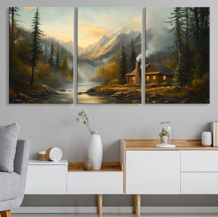 Experience the serene elegance of nature with our "Wood Cabin Retreat Mountain at Sunset Wall Art Print." This canvas art captures a tranquil forest and river landscape, embodying the rustic charm of a cabin nestled in nature. It's ideal for enhancing your living room with peaceful sophistication and harmony.