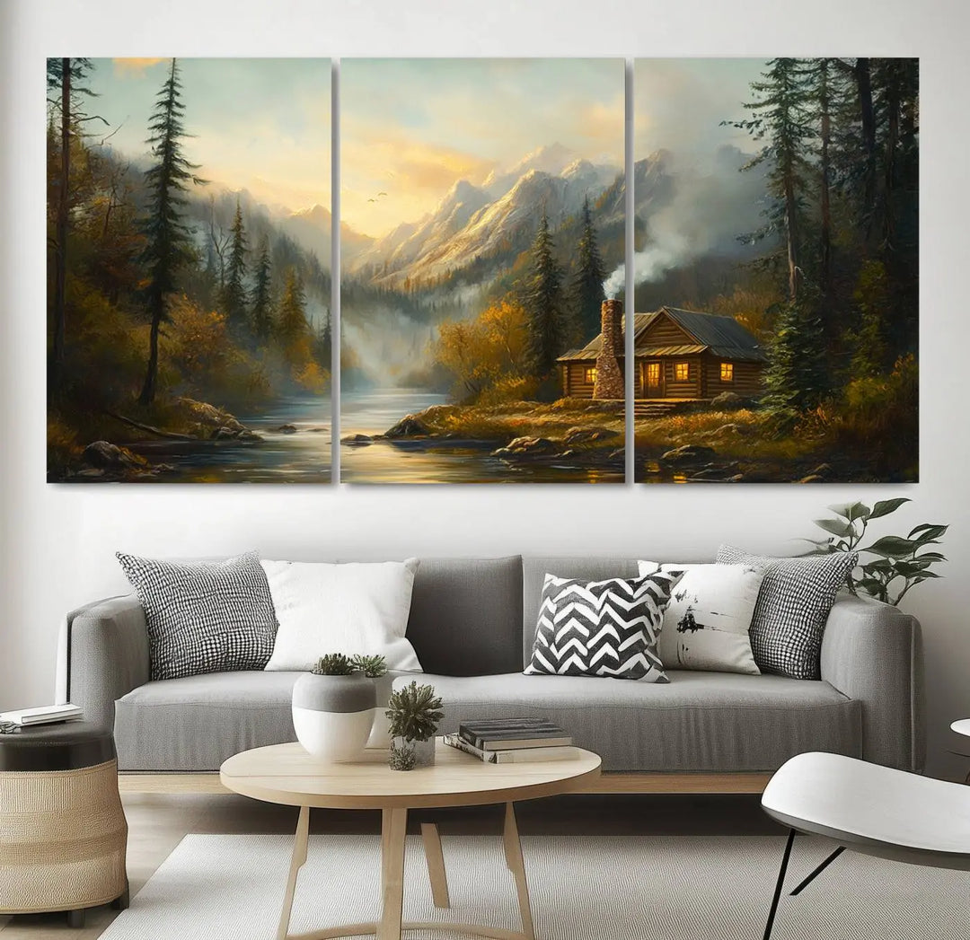 Experience the serene elegance of nature with our "Wood Cabin Retreat Mountain at Sunset Wall Art Print." This canvas art captures a tranquil forest and river landscape, embodying the rustic charm of a cabin nestled in nature. It's ideal for enhancing your living room with peaceful sophistication and harmony.