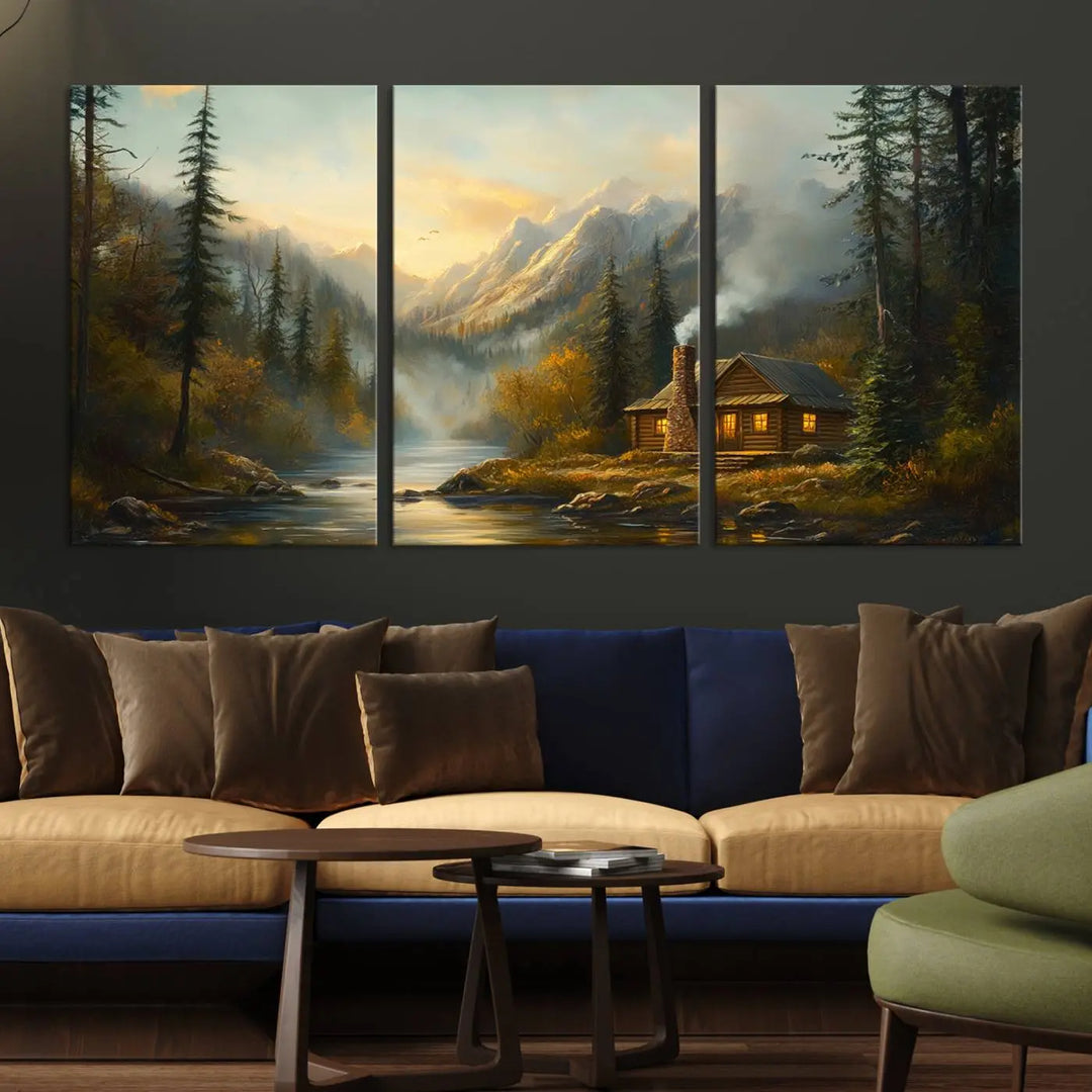 Experience the serene elegance of nature with our "Wood Cabin Retreat Mountain at Sunset Wall Art Print." This canvas art captures a tranquil forest and river landscape, embodying the rustic charm of a cabin nestled in nature. It's ideal for enhancing your living room with peaceful sophistication and harmony.