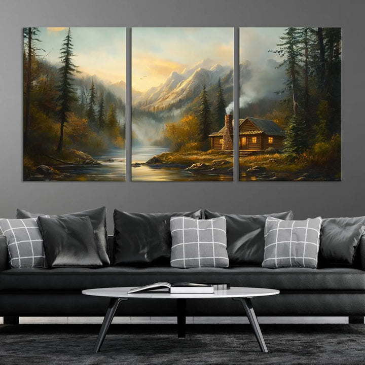 Experience the serene elegance of nature with our "Wood Cabin Retreat Mountain at Sunset Wall Art Print." This canvas art captures a tranquil forest and river landscape, embodying the rustic charm of a cabin nestled in nature. It's ideal for enhancing your living room with peaceful sophistication and harmony.