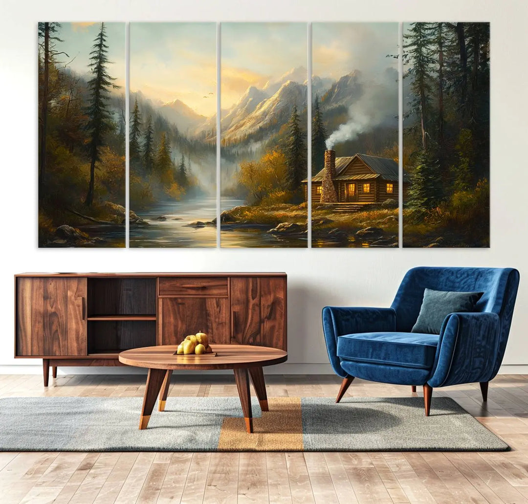 Experience the serene elegance of nature with our "Wood Cabin Retreat Mountain at Sunset Wall Art Print." This canvas art captures a tranquil forest and river landscape, embodying the rustic charm of a cabin nestled in nature. It's ideal for enhancing your living room with peaceful sophistication and harmony.