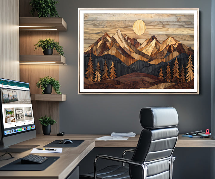39116082-MGC-FP-36x24_Natural-Wood Mountain Landscape Canvas Print, Sunset Hills Print, Framed Abstract Nature Art Print, Wood Mountain Print Wall Art