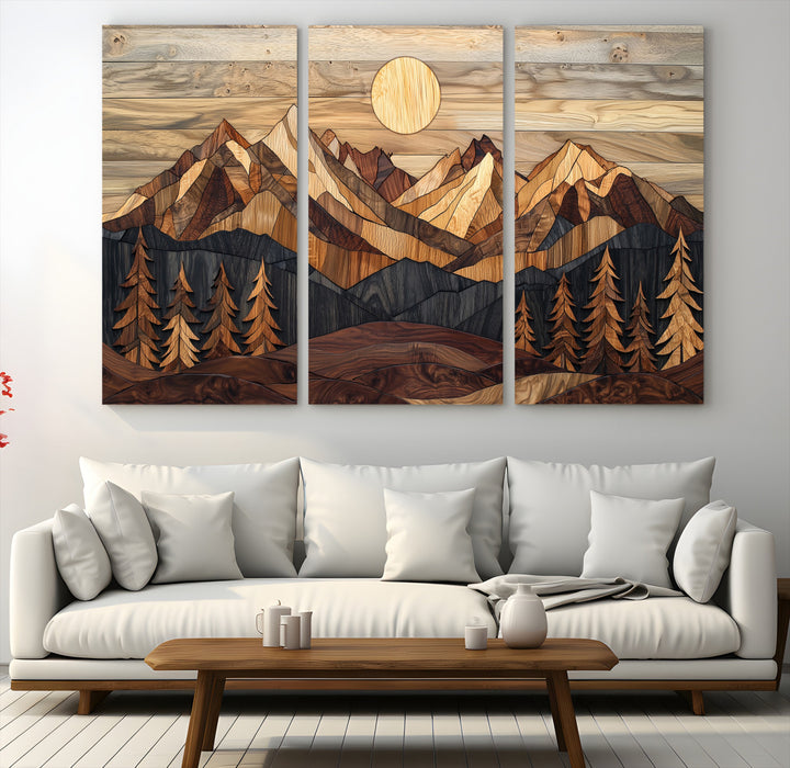 39116082-MGV-CV-48X32-3P-Wood Mountain Landscape Canvas Print, Sunset Hills Print, Framed Abstract Nature Art Print, Wood Mountain Print Wall Art