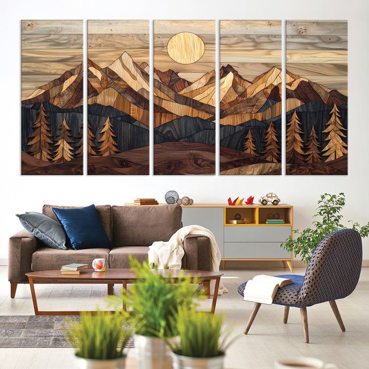 39116082-MGV-CV-60X31-5P-Wood Mountain Landscape Canvas Print, Sunset Hills Print, Framed Abstract Nature Art Print, Wood Mountain Print Wall Art