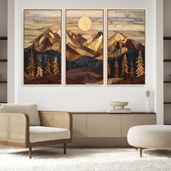 39116082-MGV-FC-48X32-3P_Natural-Wood Mountain Landscape Canvas Print, Sunset Hills Print, Framed Abstract Nature Art Print, Wood Mountain Print Wall Art