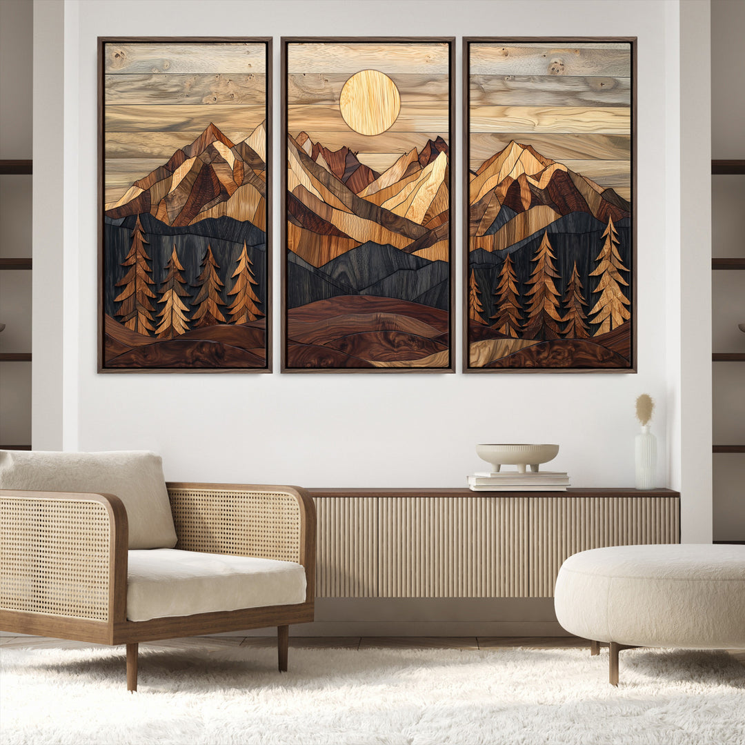 39116082-MGV-FC-48X32-3P_Walnut-Wood Mountain Landscape Canvas Print, Sunset Hills Print, Framed Abstract Nature Art Print, Wood Mountain Print Wall Art