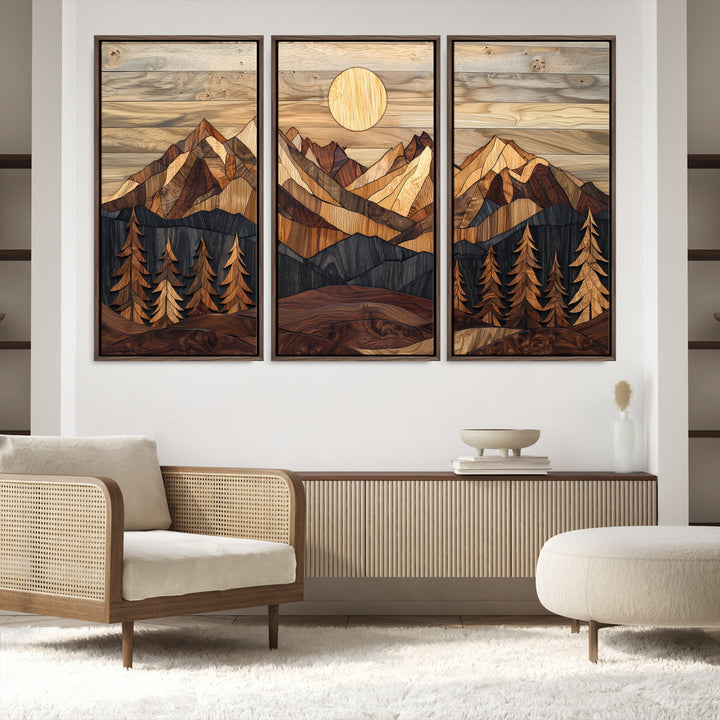 39116082-MGV-FC-48X32-3P_Walnut-Wood Mountain Landscape Canvas Print, Sunset Hills Print, Framed Abstract Nature Art Print, Wood Mountain Print Wall Art