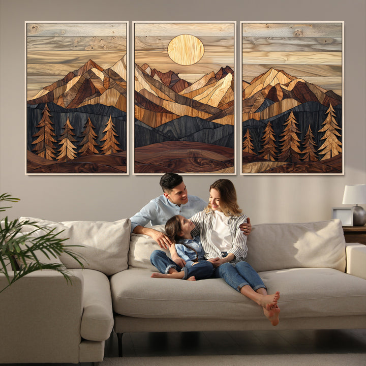 39116082-MGV-FC-60X30-3P_Natural-Wood Mountain Landscape Canvas Print, Sunset Hills Print, Framed Abstract Nature Art Print, Wood Mountain Print Wall Art