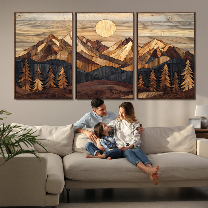 39116082-MGV-FC-60X30-3P_Walnut-Wood Mountain Landscape Canvas Print, Sunset Hills Print, Framed Abstract Nature Art Print, Wood Mountain Print Wall Art