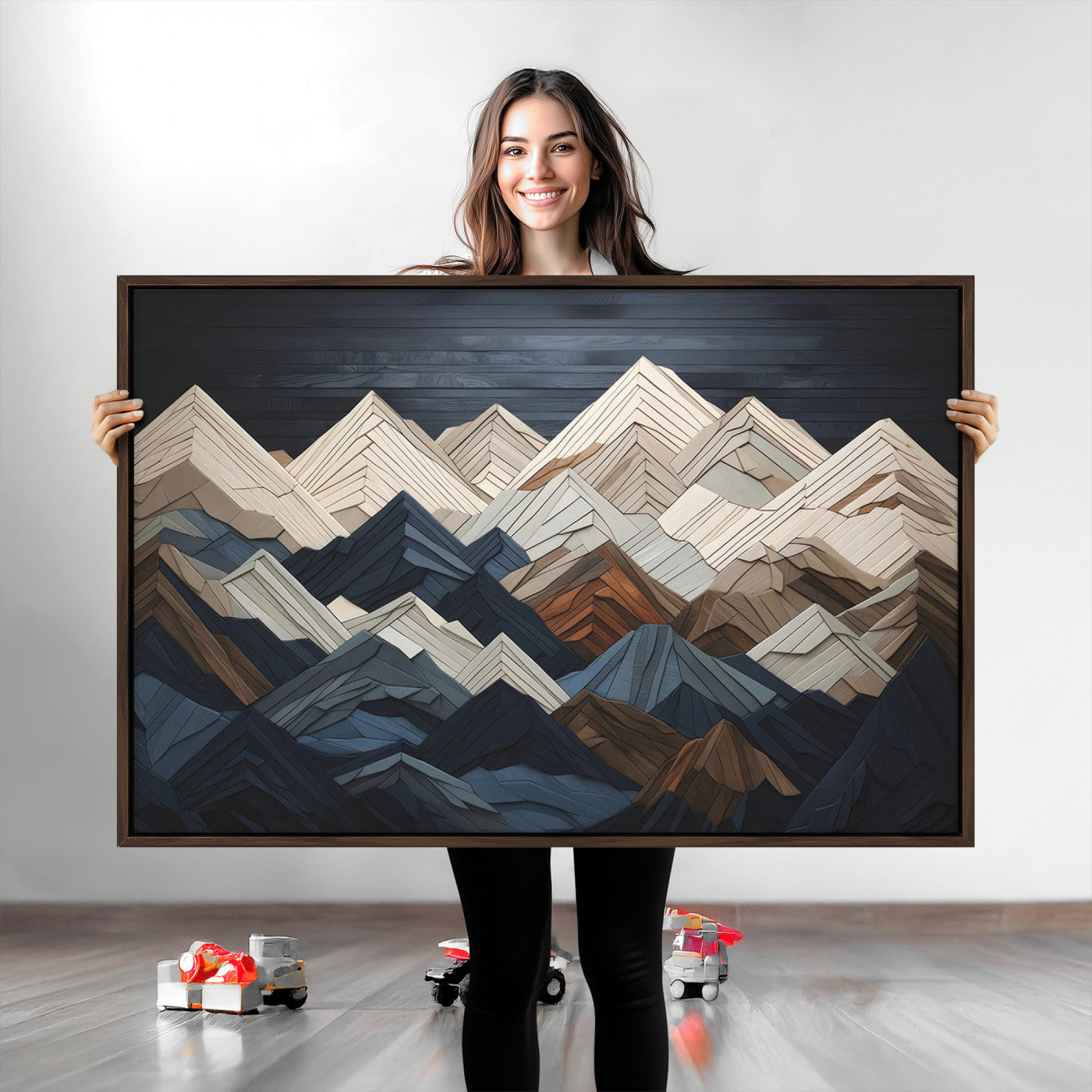 Wood Mountain Range Wall Art - Ready to Hang 3-Piece Set for Modern Rustic Decor, Abstract Wooden Design for Living Rooms Offices