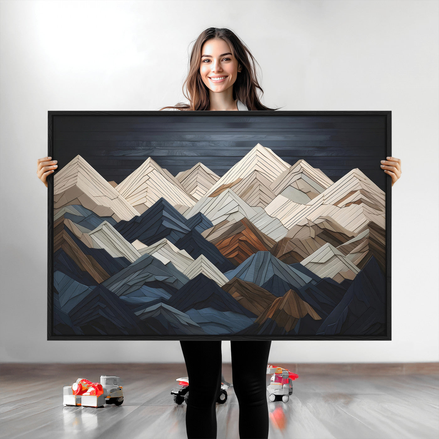 Wood Mountain Range Wall Art - Ready to Hang 3-Piece Set for Modern Rustic Decor, Abstract Wooden Design for Living Rooms Offices