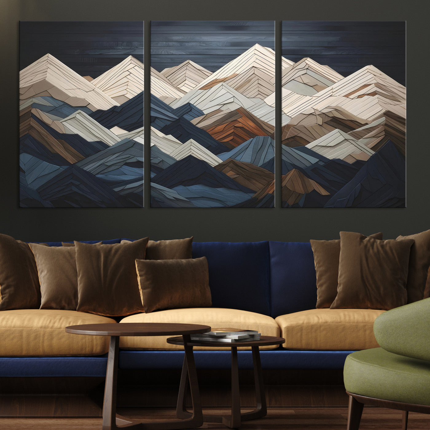12896-MGV-CV-36X24-Wood Mountain Range Wall Art - Ready to Hang 3-Piece Set for Modern Rustic Decor, Abstract Wooden Design for Living Rooms Offices