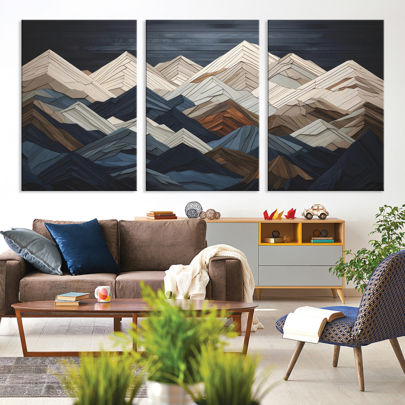 12896-MGV-CV-36X24-Wood Mountain Range Wall Art - Ready to Hang 3-Piece Set for Modern Rustic Decor, Abstract Wooden Design for Living Rooms Offices