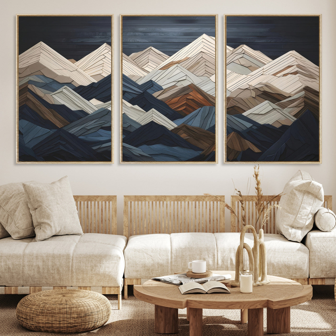 12896-MGV-CV-36X24-Wood Mountain Range Wall Art - Ready to Hang 3-Piece Set for Modern Rustic Decor, Abstract Wooden Design for Living Rooms Offices