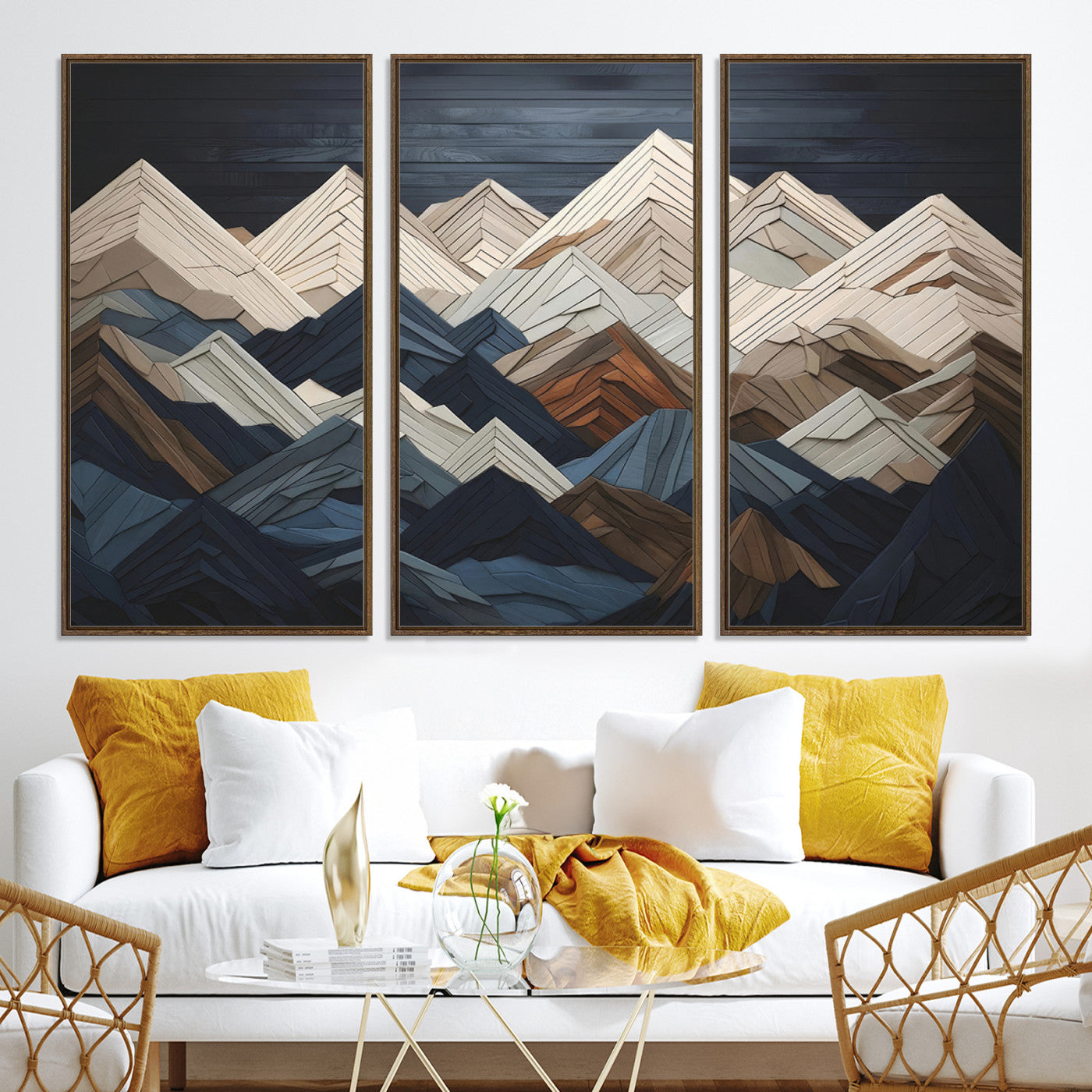 12896-MGV-CV-36X24-Wood Mountain Range Wall Art - Ready to Hang 3-Piece Set for Modern Rustic Decor, Abstract Wooden Design for Living Rooms Offices