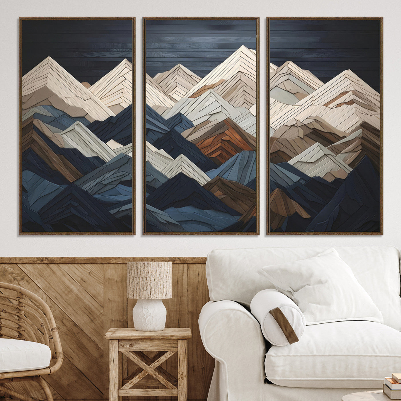 12896-MGV-CV-36X24-Wood Mountain Range Wall Art - Ready to Hang 3-Piece Set for Modern Rustic Decor, Abstract Wooden Design for Living Rooms Offices