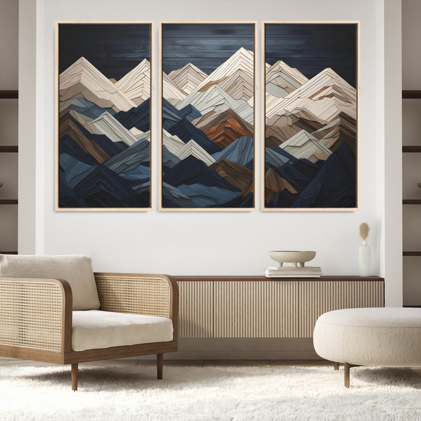 12896-MGV-FC-48X32-3P_Natural-Wood Mountain Range Wall Art - Ready to Hang 3-Piece Set for Modern Rustic Decor, Abstract Wooden Design for Living Rooms Offices