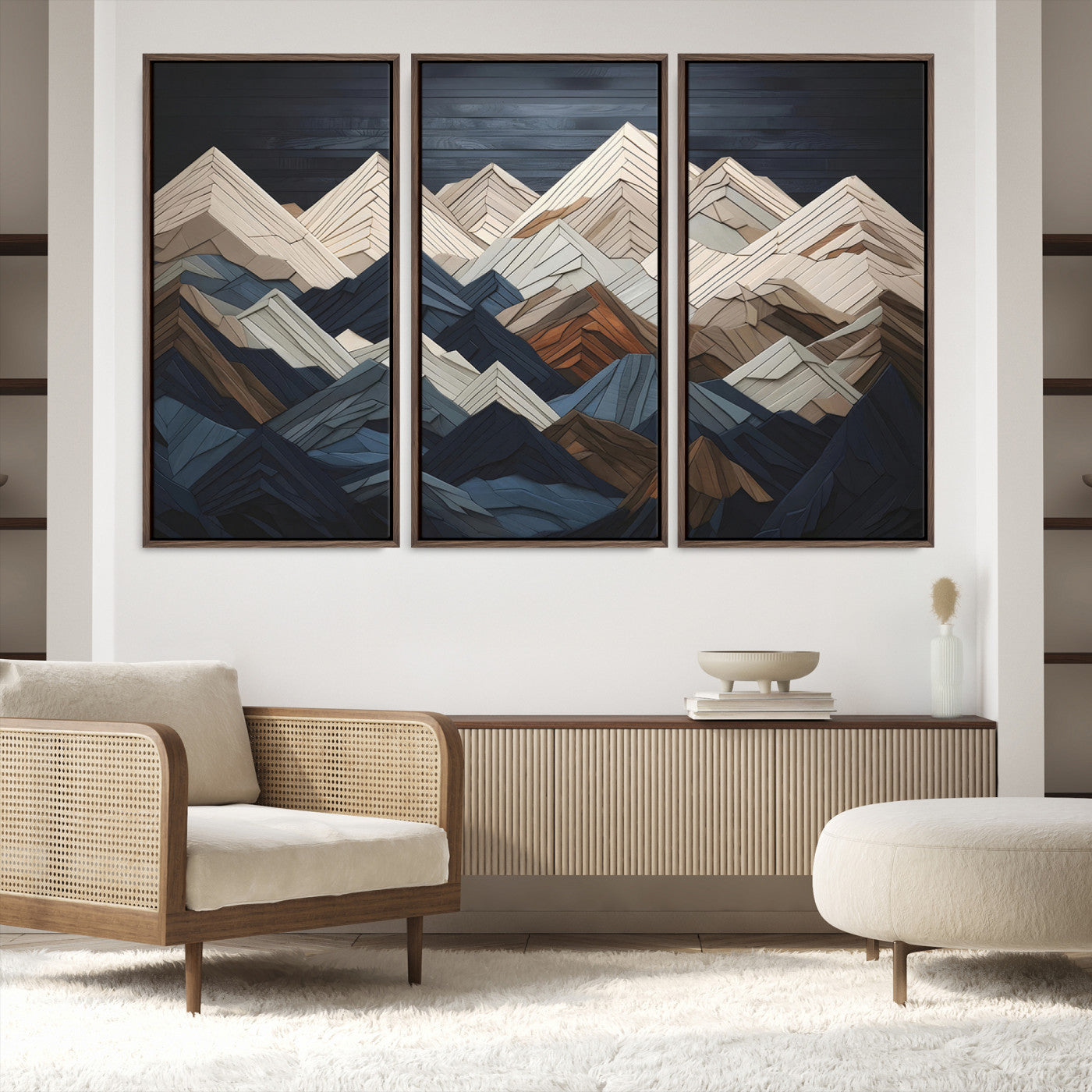 12896-MGV-FC-48X32-3P_Walnut-Wood Mountain Range Wall Art - Ready to Hang 3-Piece Set for Modern Rustic Decor, Abstract Wooden Design for Living Rooms Offices