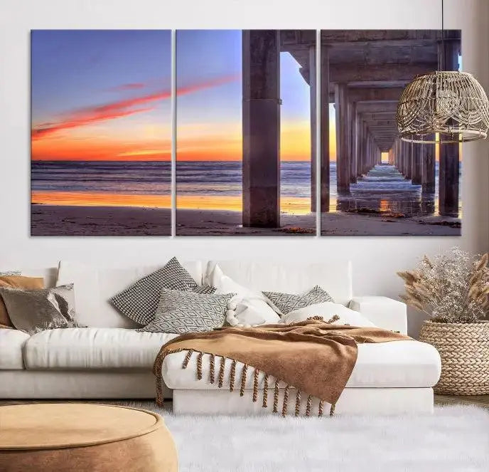 The wall is graced by the "Wood Pier on the Ocean" artwork, crafted on museum-quality canvases, ensuring long-lasting beauty with its UV-protective coating.